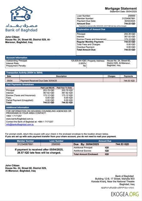 Modèle Word et PDF de relevé hypothécaire de la Banque irakienne de Bagdad
